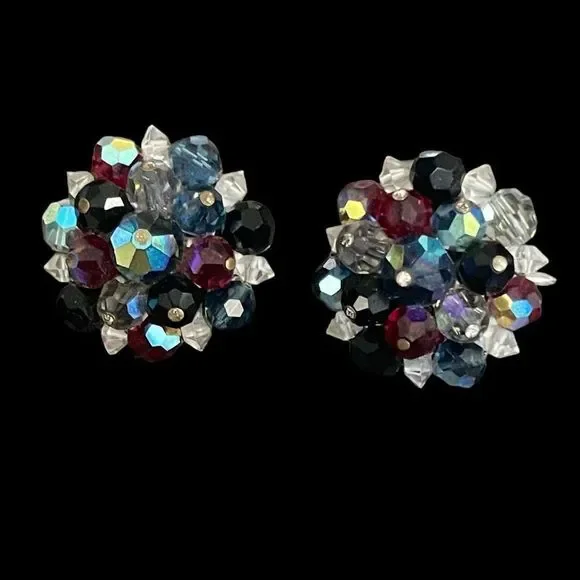 Signed Laguna AB Crystal Beaded Clip On Earrings Silver Tone Vintage Estate
